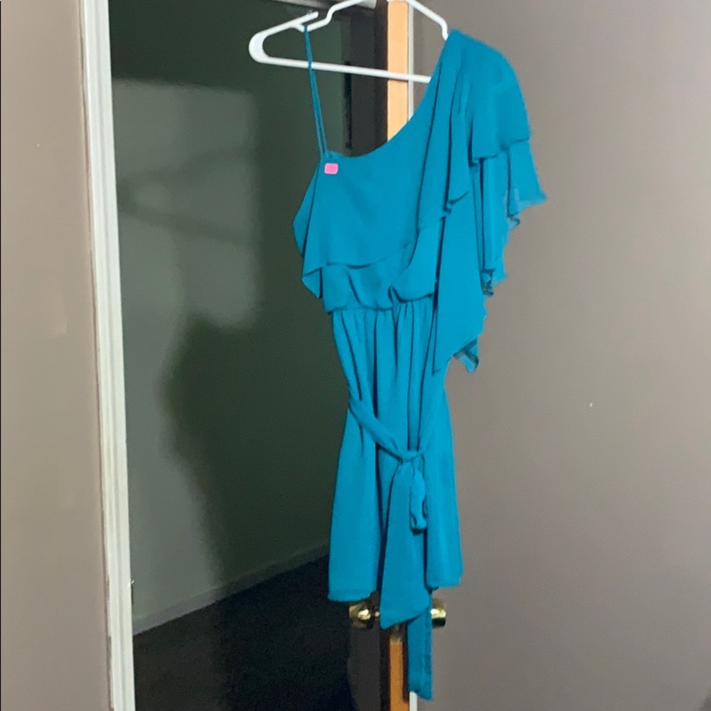 Dark Turquoise one shoulder dress.